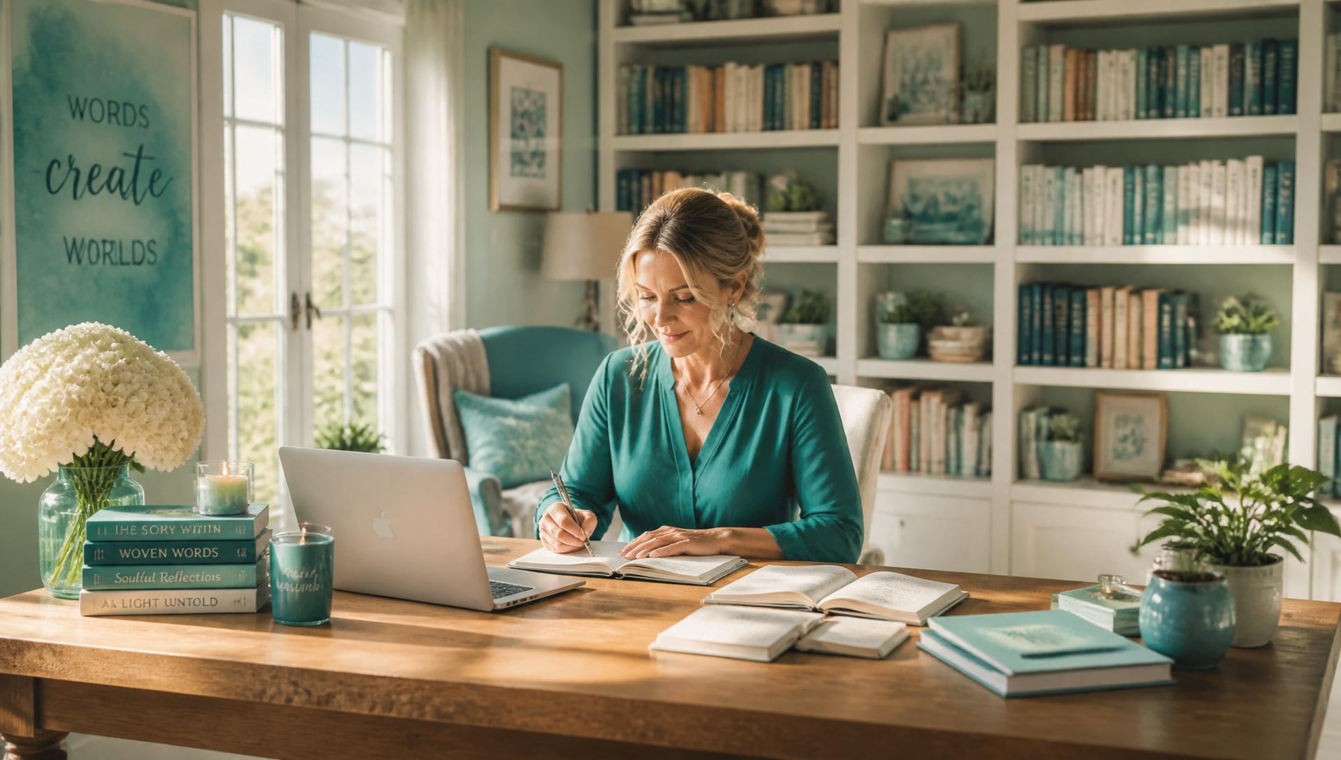 Author writing in a bright library